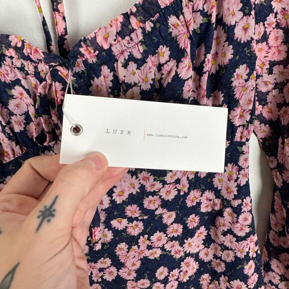 Lush NWT Floral Print Tie Front Long Sleeve Mini Dress Size S Navy Blue Pink - Picture 6 of 12